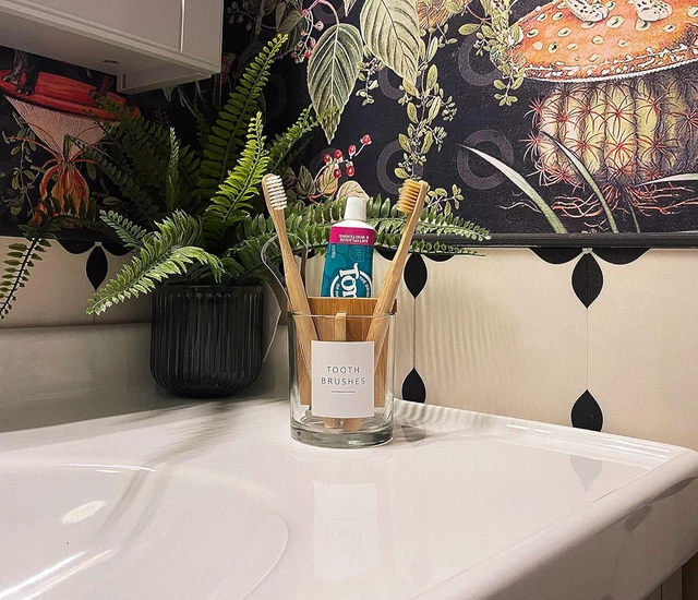 Alt view image 7 of 7 - Glass Toothbrush and Toothpaste Holder with Bamboo Divider for Bathroom Countertop, Toothbrush Organizer Stand for Bathroom Vanity Countertops - 1 Pack