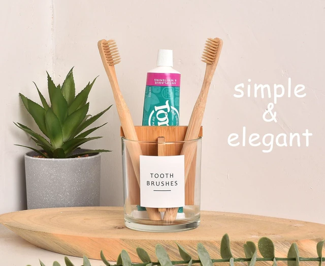 Alt view image 6 of 7 - Glass Toothbrush and Toothpaste Holder with Bamboo Divider for Bathroom Countertop, Toothbrush Organizer Stand for Bathroom Vanity Countertops - 1 Pack