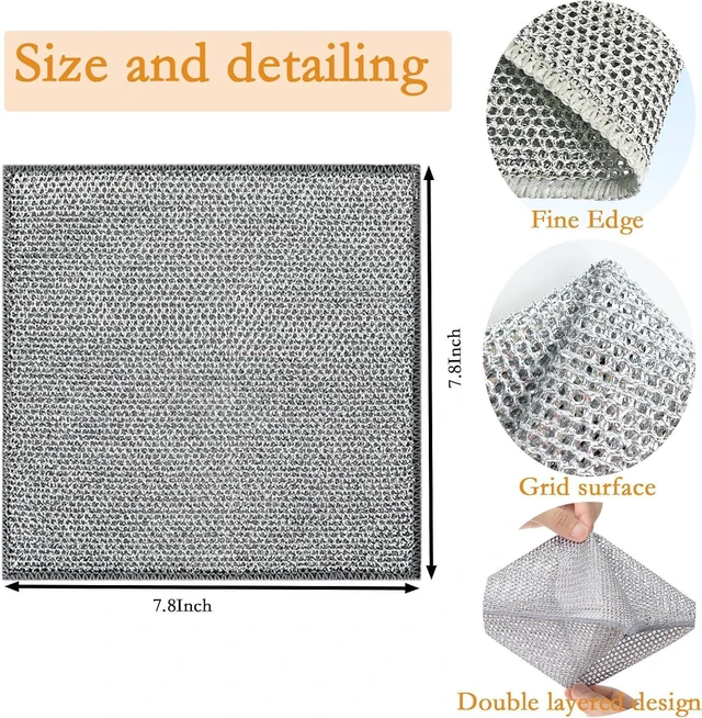 Alt view image 2 of 6 - 10-Pack Double-Layer Dry/Wet Dual-Use Metal Wire Non-Scratch Cloth Multi-Purpose Magic Cleaning Cloth Silver Wire Dish Cloth for Cookware, Tableware, Sink, Stove Cleaning, etc.(10PCS)