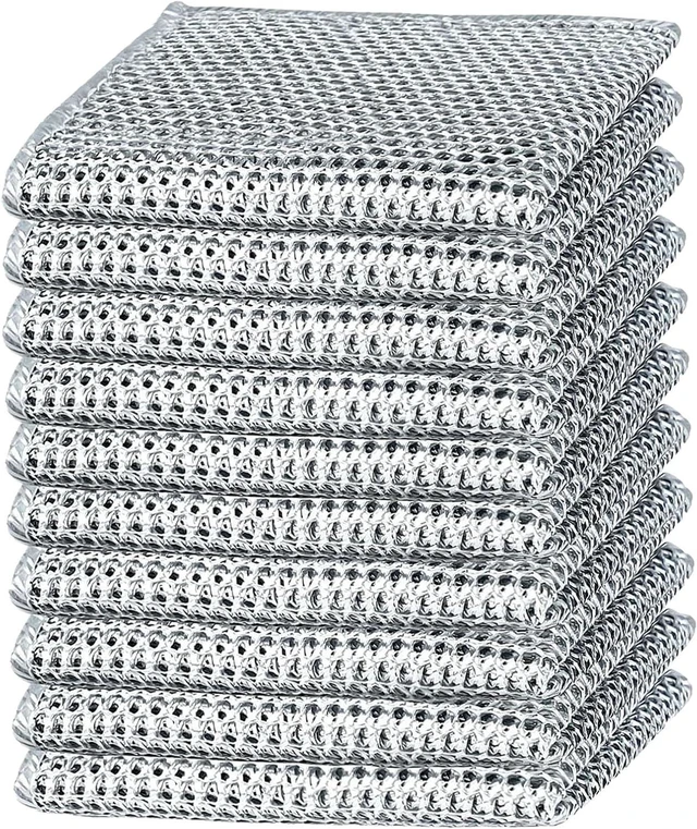 Main image of 10-Pack Double-Layer Dry/Wet Dual-Use Metal Wire Non-Scratch Cloth Multi-Purpose Magic Cleaning Cloth Silver Wire Dish Cloth for Cookware, Tableware, Sink, Stove Cleaning, etc.(10PCS)