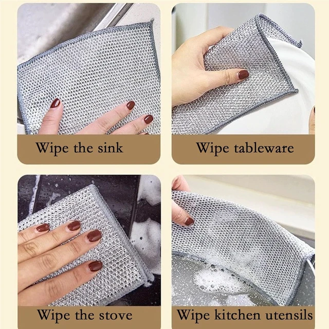 Alt view image 4 of 6 - 10-Pack Double-Layer Dry/Wet Dual-Use Metal Wire Non-Scratch Cloth Multi-Purpose Magic Cleaning Cloth Silver Wire Dish Cloth for Cookware, Tableware, Sink, Stove Cleaning, etc.(10PCS)
