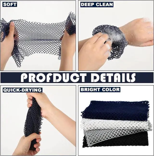 Alt view image 5 of 6 - 4 Pieces African Net Bath Net Sponge Body Exfoliating Polyester Cleaning Shower Body Scrubber Back Scrubber Exfoliating Wash Bath Cloth for Daily Use (Black, Blue, White, Gray,7.8 x 27.6 Inch)