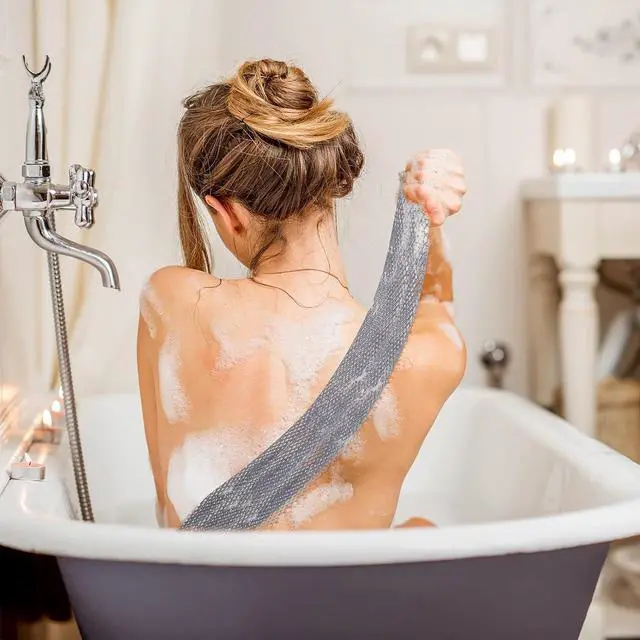 Alt view image 2 of 6 - 4 Pieces African Net Bath Net Sponge Body Exfoliating Polyester Cleaning Shower Body Scrubber Back Scrubber Exfoliating Wash Bath Cloth for Daily Use (Black, Blue, White, Gray,7.8 x 27.6 Inch)