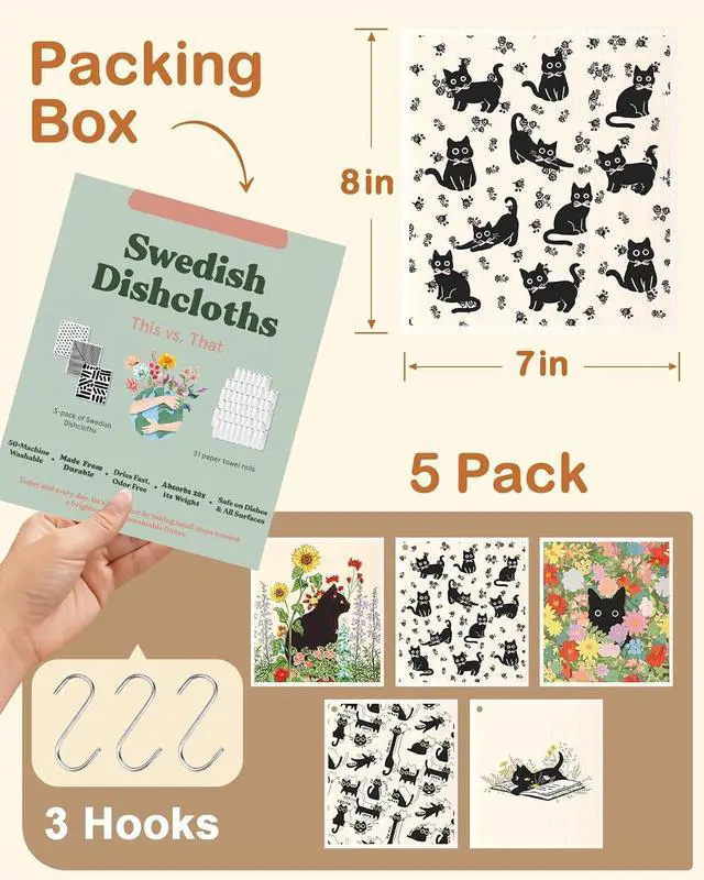 Alt view image 2 of 6 - Miss Adola Swedish Dishcloths for Kitchen with Hooks - Reusable Dish Cloths for Washing Dishes Fast Drying Cute Fun 5 Pack Swedish Dish Towels Washable Cleaning Sponge, Black Cats