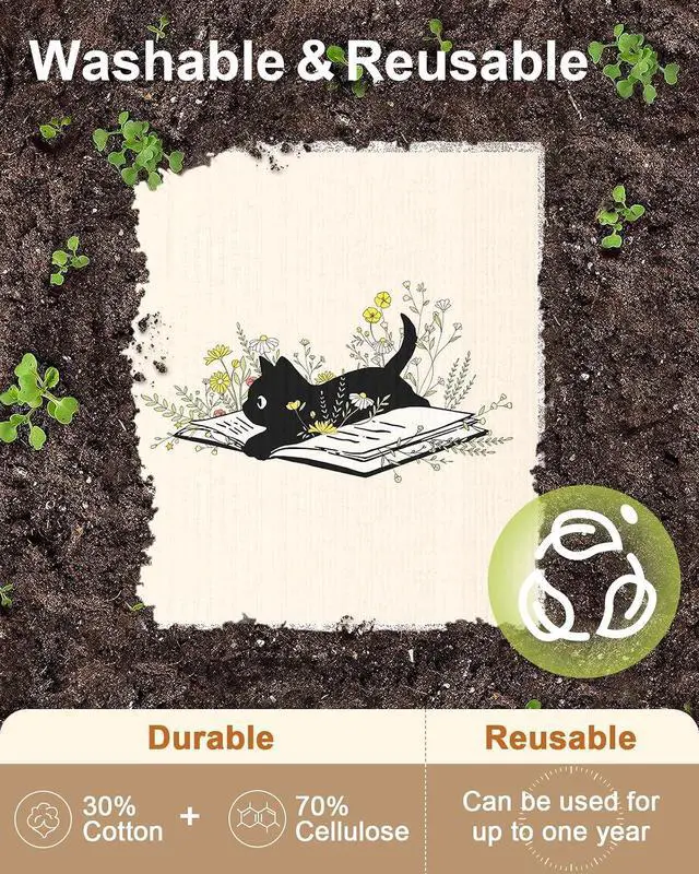 Alt view image 3 of 6 - Miss Adola Swedish Dishcloths for Kitchen with Hooks - Reusable Dish Cloths for Washing Dishes Fast Drying Cute Fun 5 Pack Swedish Dish Towels Washable Cleaning Sponge, Black Cats