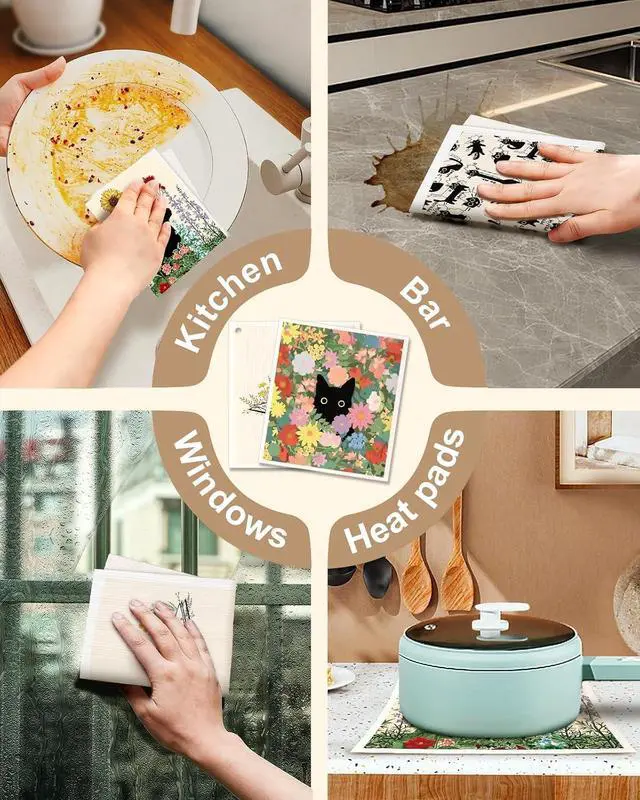 Alt view image 6 of 6 - Miss Adola Swedish Dishcloths for Kitchen with Hooks - Reusable Dish Cloths for Washing Dishes Fast Drying Cute Fun 5 Pack Swedish Dish Towels Washable Cleaning Sponge, Black Cats