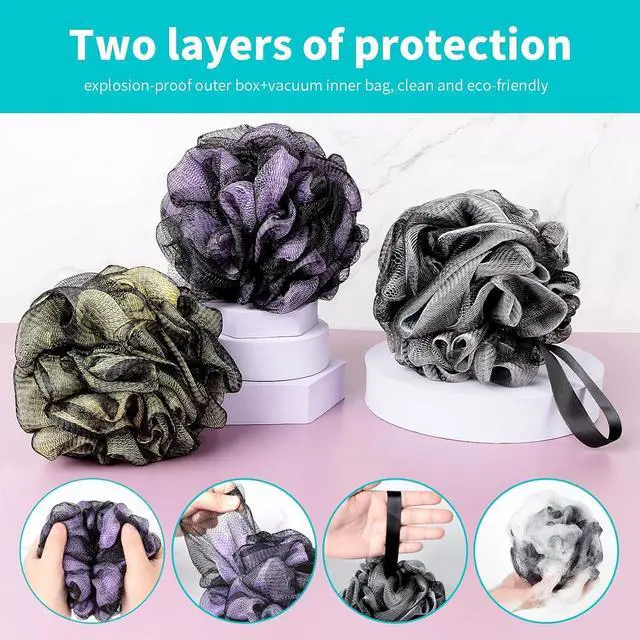 Alt view image 4 of 7 - BCKENEY Bath Loofah Shower Sponge Body Back Scrubber Soft Mesh Shower Puffs Exfoliating Loofa for Women & Men Bath Accessories Cleaning Tool (Pack of 4 60G Loofah, Dark Elf)