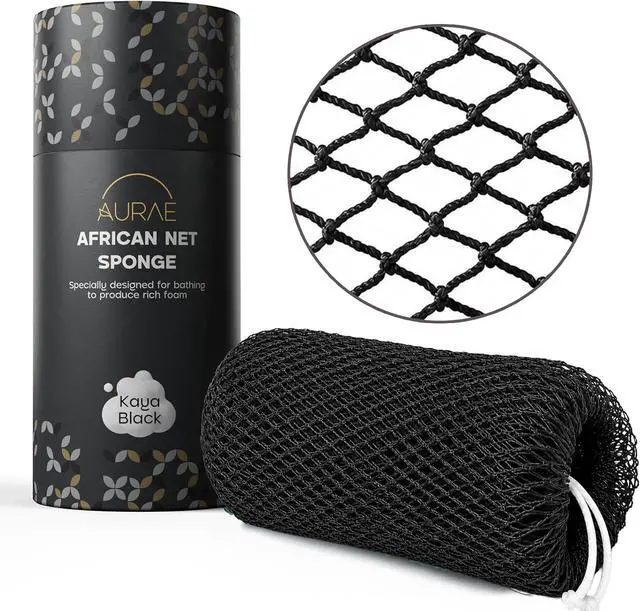Main image of AURAE Premium African Net Sponge Authentic Exfoliating Body Scrubber, 45-Inch, Quick-Drying Black