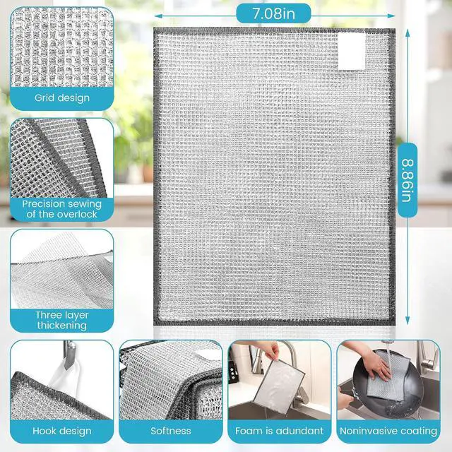 Alt view image 2 of 7 - 20 Pcs New Upgrade 3-Layer Metal Dish Cloth, No Scratches and No Odor, Multipurpose Wire Dishwashing Rag for Wet and Dry, Kitchen Cleaning Dish Rags,Sinks, Dishes, Stove Top, Dimensions(7.08x8.86)