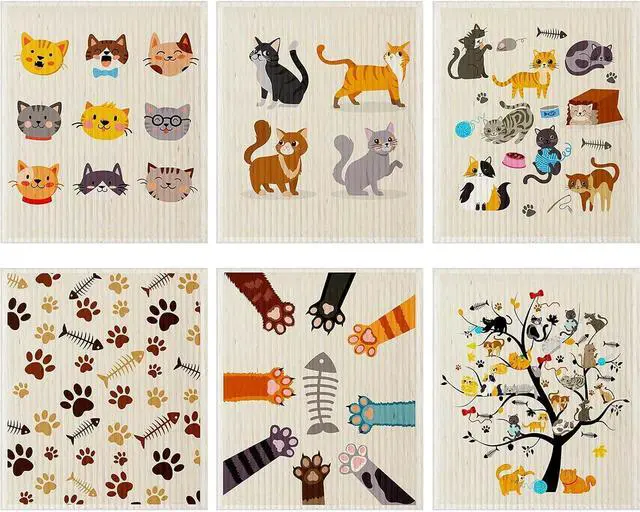 Main image of Geiserailie 6 Pack Swedish Cat Dishcloths, Reusable Kitchen Towels