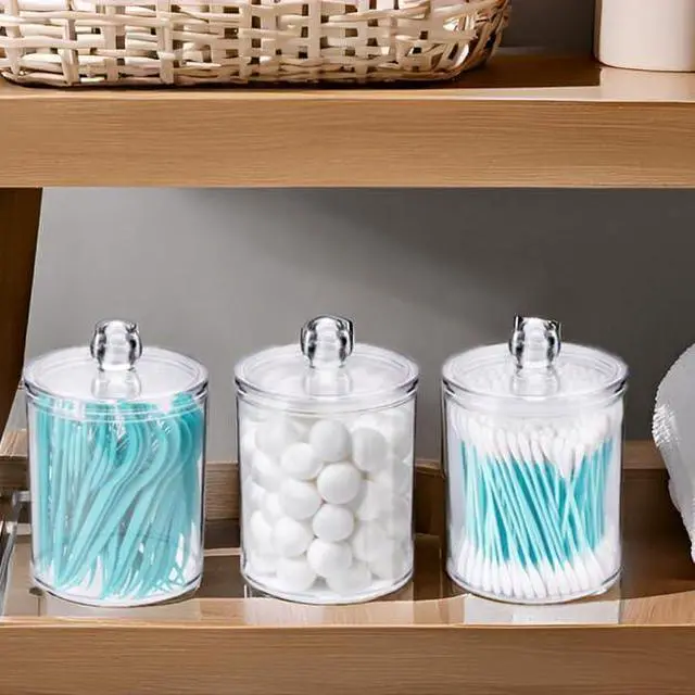 Alt view image 3 of 7 - WEISHI 4 Pack Qtip Holder Dispenser - Cotton Ball, Swab, Round Pads, Floss , Small Clear Plastic Apothecary Jar Containers with Lids for Bathroom Storage and Organization, Vanity Organizer