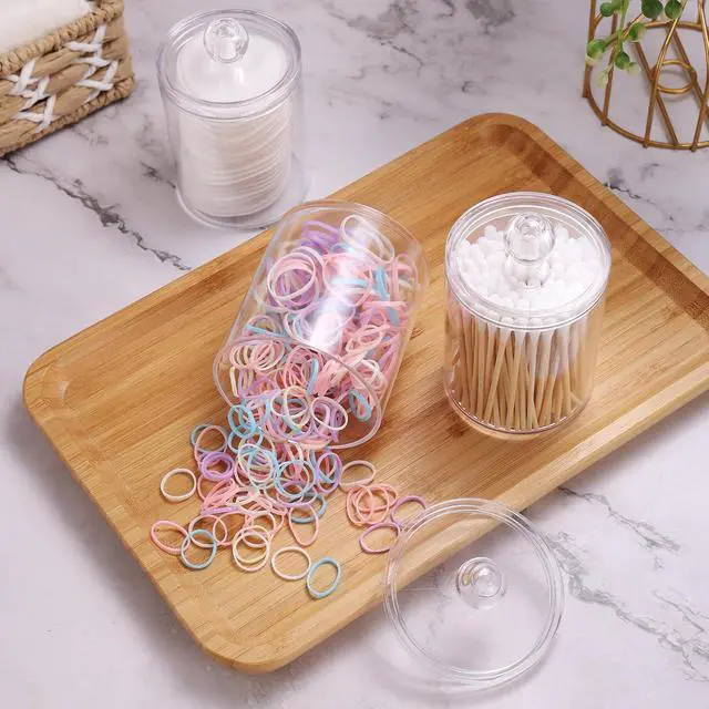 Alt view image 5 of 7 - WEISHI 4 Pack Qtip Holder Dispenser - Cotton Ball, Swab, Round Pads, Floss , Small Clear Plastic Apothecary Jar Containers with Lids for Bathroom Storage and Organization, Vanity Organizer
