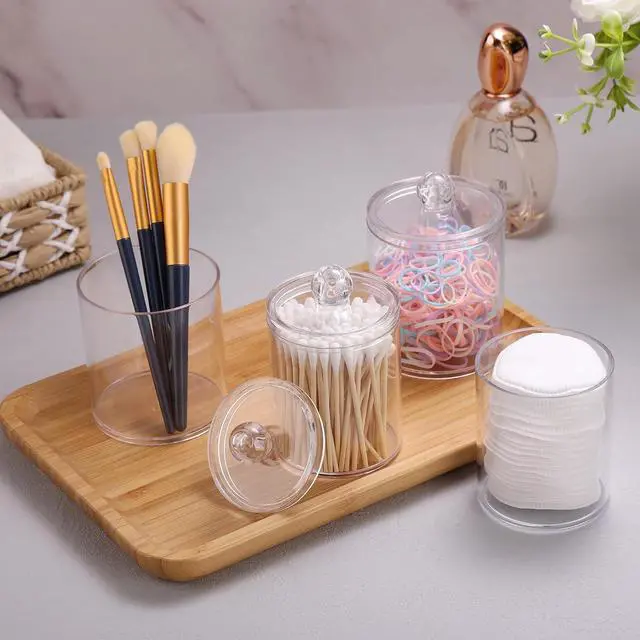 Alt view image 4 of 7 - WEISHI 4 Pack Qtip Holder Dispenser - Cotton Ball, Swab, Round Pads, Floss , Small Clear Plastic Apothecary Jar Containers with Lids for Bathroom Storage and Organization, Vanity Organizer