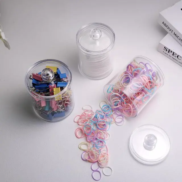 Alt view image 6 of 7 - WEISHI 4 Pack Qtip Holder Dispenser - Cotton Ball, Swab, Round Pads, Floss , Small Clear Plastic Apothecary Jar Containers with Lids for Bathroom Storage and Organization, Vanity Organizer