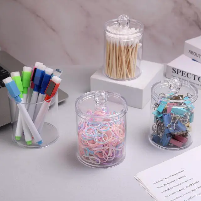 Alt view image 7 of 7 - WEISHI 4 Pack Qtip Holder Dispenser - Cotton Ball, Swab, Round Pads, Floss , Small Clear Plastic Apothecary Jar Containers with Lids for Bathroom Storage and Organization, Vanity Organizer