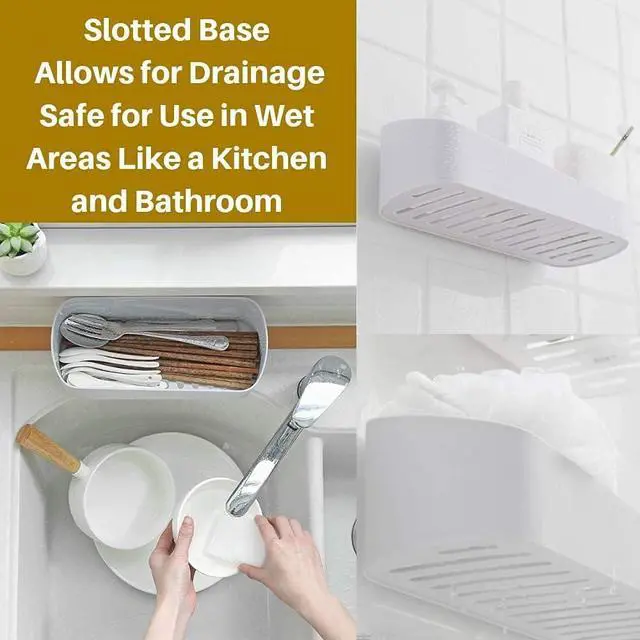 Alt view image 4 of 7 - SUNFICON Adhesive Shower Caddy Wall Mounted Bathroom Shelf Organizer Storage Rack No Drilling Shower Shelf Bath Essentials Shampoo Spice Holder 2 Clear Adhesives for Shower Room Bathroom Kitchen White
