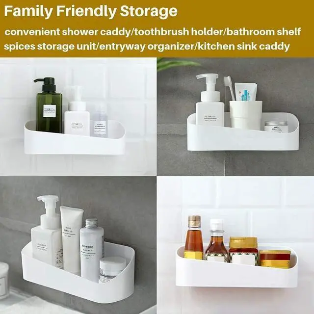 Alt view image 3 of 7 - SUNFICON Adhesive Shower Caddy Wall Mounted Bathroom Shelf Organizer Storage Rack No Drilling Shower Shelf Bath Essentials Shampoo Spice Holder 2 Clear Adhesives for Shower Room Bathroom Kitchen White