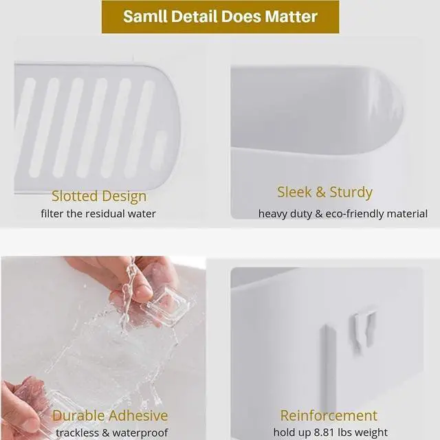Alt view image 7 of 7 - SUNFICON Adhesive Shower Caddy Wall Mounted Bathroom Shelf Organizer Storage Rack No Drilling Shower Shelf Bath Essentials Shampoo Spice Holder 2 Clear Adhesives for Shower Room Bathroom Kitchen White