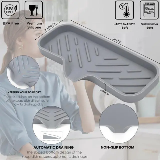 Alt view image 2 of 7 - Silicone Bathroom Soap Dishes, Sponge Holder for Kitchen Sink, Shower Soap Holder with Drain, Soap Dispenser Tray, Soap Dish for Bottle, Cup, Sink or Counter Organizer - Gray 9" x 3.15"