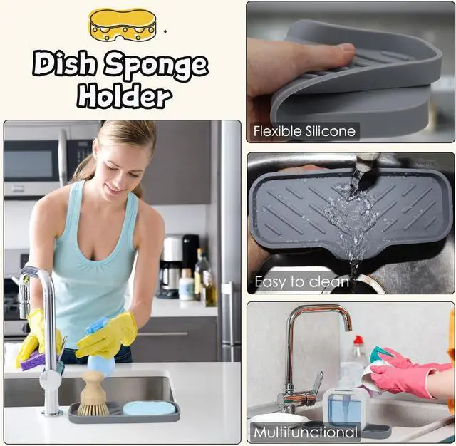 Alt view image 4 of 7 - Silicone Bathroom Soap Dishes, Sponge Holder for Kitchen Sink, Shower Soap Holder with Drain, Soap Dispenser Tray, Soap Dish for Bottle, Cup, Sink or Counter Organizer - Gray 9" x 3.15"
