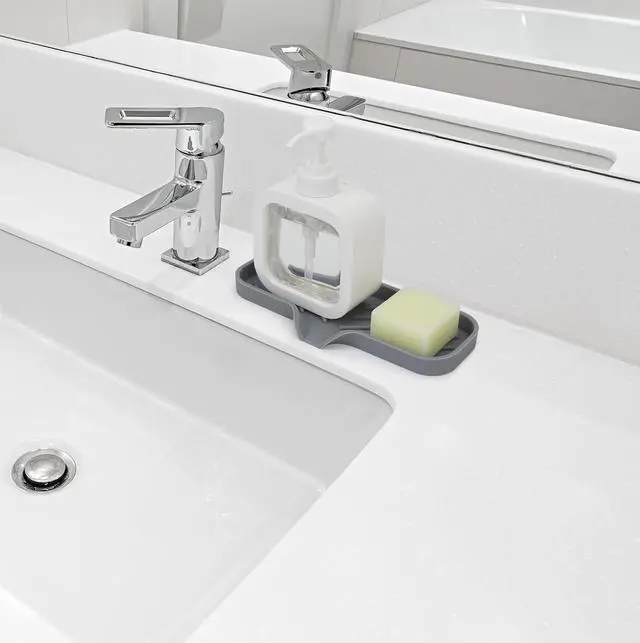 Alt view image 7 of 7 - Silicone Bathroom Soap Dishes, Sponge Holder for Kitchen Sink, Shower Soap Holder with Drain, Soap Dispenser Tray, Soap Dish for Bottle, Cup, Sink or Counter Organizer - Gray 9" x 3.15"