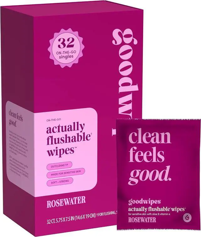 Main image of goodwipes Flushable Wipes for Women - Rosewater Individually Wrapped Travel Butt Wipes To Go, Mini Purse & Festival Essentials for Adults, pH Balanced for Feminine Hygiene, 32 Count (1 Pack)