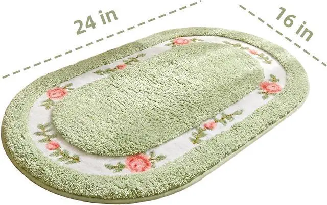 Alt view image 2 of 6 - QMEAKMONY Bathroom Rugs Romantic Rose Flower Shaggy Area Rugs for Living Room Bedroom Kitchen Non Slip Absorbent Bath Mat Door Mat Washable(Green,16x24 in)