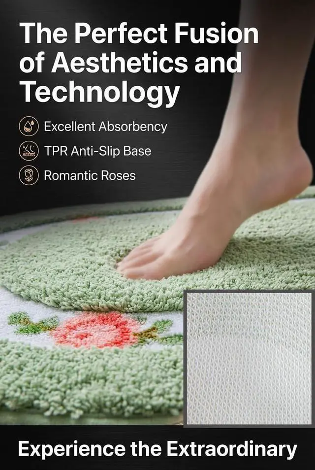 Alt view image 5 of 6 - QMEAKMONY Bathroom Rugs Romantic Rose Flower Shaggy Area Rugs for Living Room Bedroom Kitchen Non Slip Absorbent Bath Mat Door Mat Washable(Green,16x24 in)