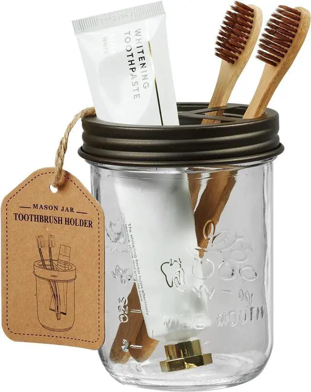 Main image of Amolliar Mason Jar Toothbrush Holder, Rustproof Stainless Steel, Bronze