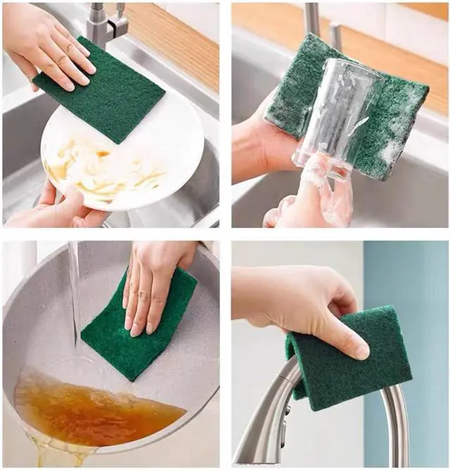Alt view image 4 of 7 - Heavy Duty Scour Pads Sponge Dish Scrubber Green Reusable Household Scrub Pads for for Dishes, Kitchen Scrubbers & Metal Grills 4 x 6 x 0.31inch (10Pcs)