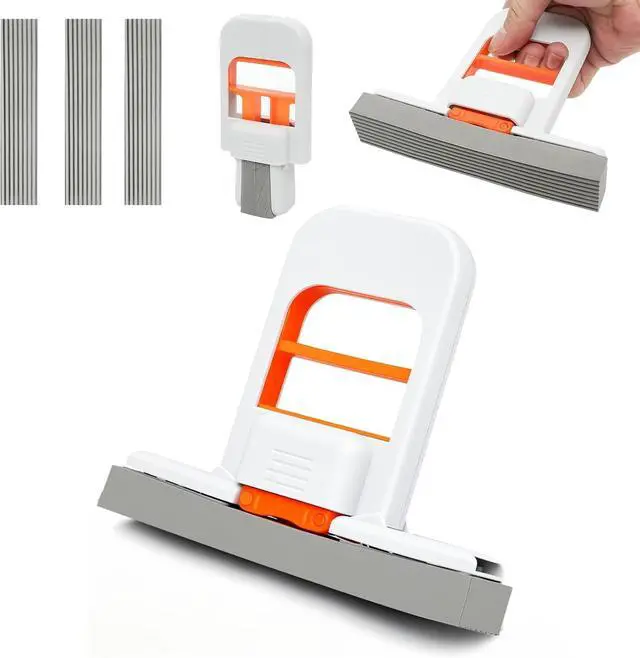 Main image of Self Squeezing Mini Mop, Orange Small Sponge Mop, Wet and Dry Use Cleaning System, Foldable Desktop Mop, One-Hand Squeeze Handle and Replaceable Head