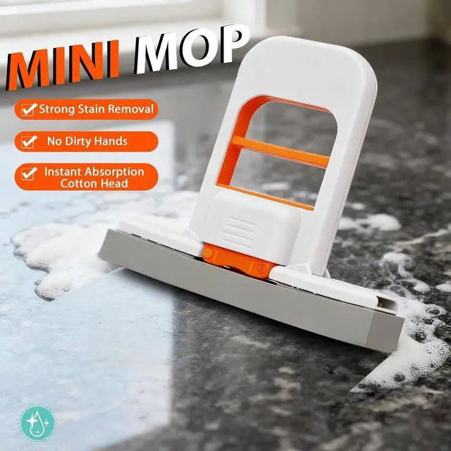 Alt view image 2 of 7 - Self Squeezing Mini Mop, Orange Small Sponge Mop, Wet and Dry Use Cleaning System, Foldable Desktop Mop, One-Hand Squeeze Handle and Replaceable Head