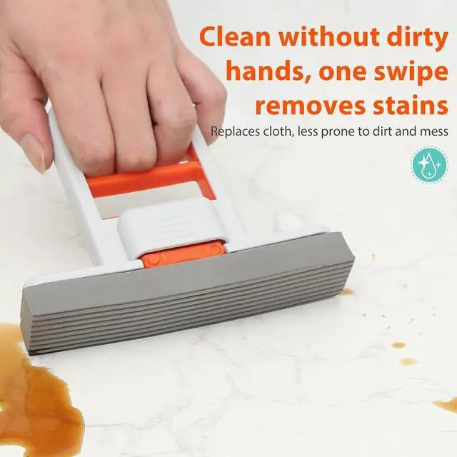 Alt view image 3 of 7 - Self Squeezing Mini Mop, Orange Small Sponge Mop, Wet and Dry Use Cleaning System, Foldable Desktop Mop, One-Hand Squeeze Handle and Replaceable Head