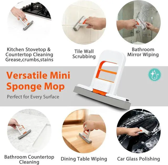 Alt view image 6 of 7 - Self Squeezing Mini Mop, Orange Small Sponge Mop, Wet and Dry Use Cleaning System, Foldable Desktop Mop, One-Hand Squeeze Handle and Replaceable Head