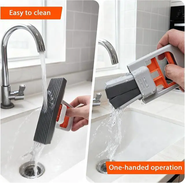 Alt view image 4 of 7 - Self Squeezing Mini Mop, Orange Small Sponge Mop, Wet and Dry Use Cleaning System, Foldable Desktop Mop, One-Hand Squeeze Handle and Replaceable Head