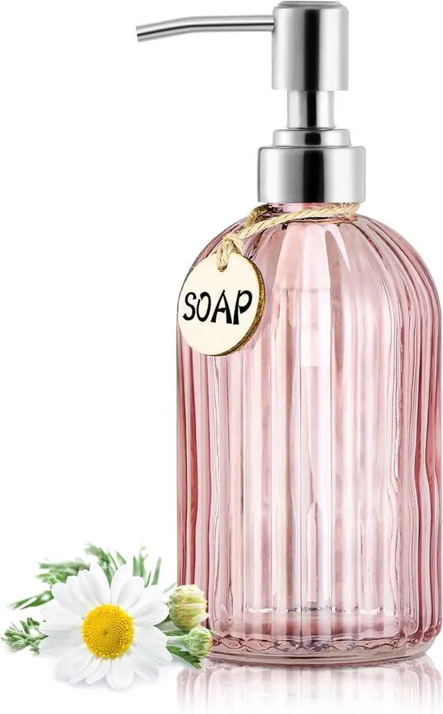 Main image of MOCLIF 16OZ Fashion Stripe Clear Glass Refillable Soap Dispenser with 304 Stainless Steel Pump Premium Soap Dispenser for Kitchen, Bathroom, Hand Sanitizer, Liquid Soap, Lotion, etc. (Clear Pink)