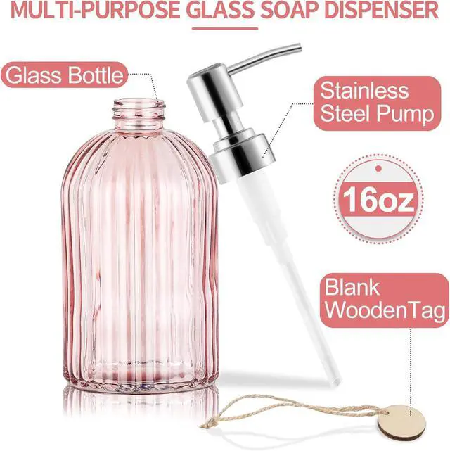 Alt view image 2 of 7 - MOCLIF 16OZ Fashion Stripe Clear Glass Refillable Soap Dispenser with 304 Stainless Steel Pump Premium Soap Dispenser for Kitchen, Bathroom, Hand Sanitizer, Liquid Soap, Lotion, etc. (Clear Pink)