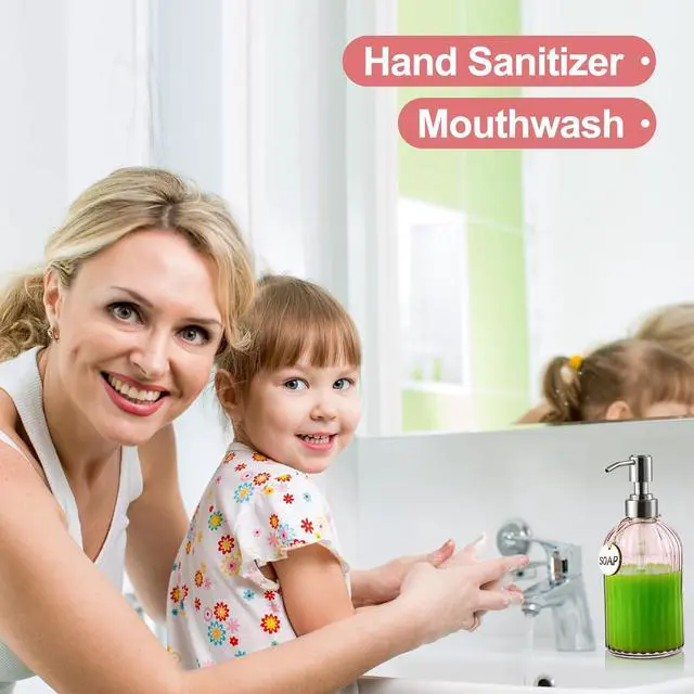 Alt view image 3 of 7 - MOCLIF 16OZ Fashion Stripe Clear Glass Refillable Soap Dispenser with 304 Stainless Steel Pump Premium Soap Dispenser for Kitchen, Bathroom, Hand Sanitizer, Liquid Soap, Lotion, etc. (Clear Pink)