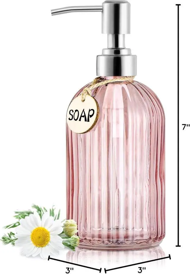 Alt view image 7 of 7 - MOCLIF 16OZ Fashion Stripe Clear Glass Refillable Soap Dispenser with 304 Stainless Steel Pump Premium Soap Dispenser for Kitchen, Bathroom, Hand Sanitizer, Liquid Soap, Lotion, etc. (Clear Pink)