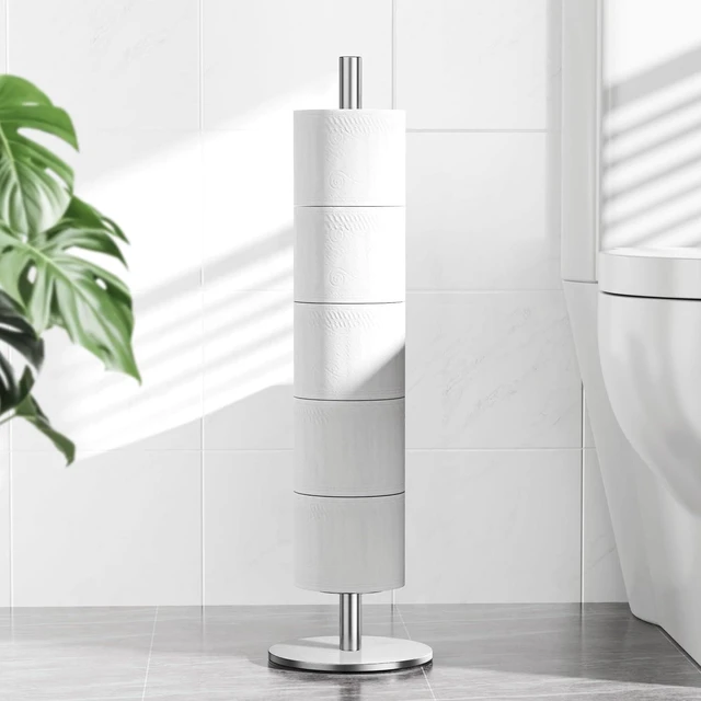 Main image of Freestanding Toilet Paper Holder with Shelf,5 Roll Storage,Brushed Nickel