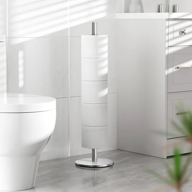 Alt view image 7 of 7 - Freestanding Toilet Paper Holder with Shelf,5 Roll Storage,Brushed Nickel