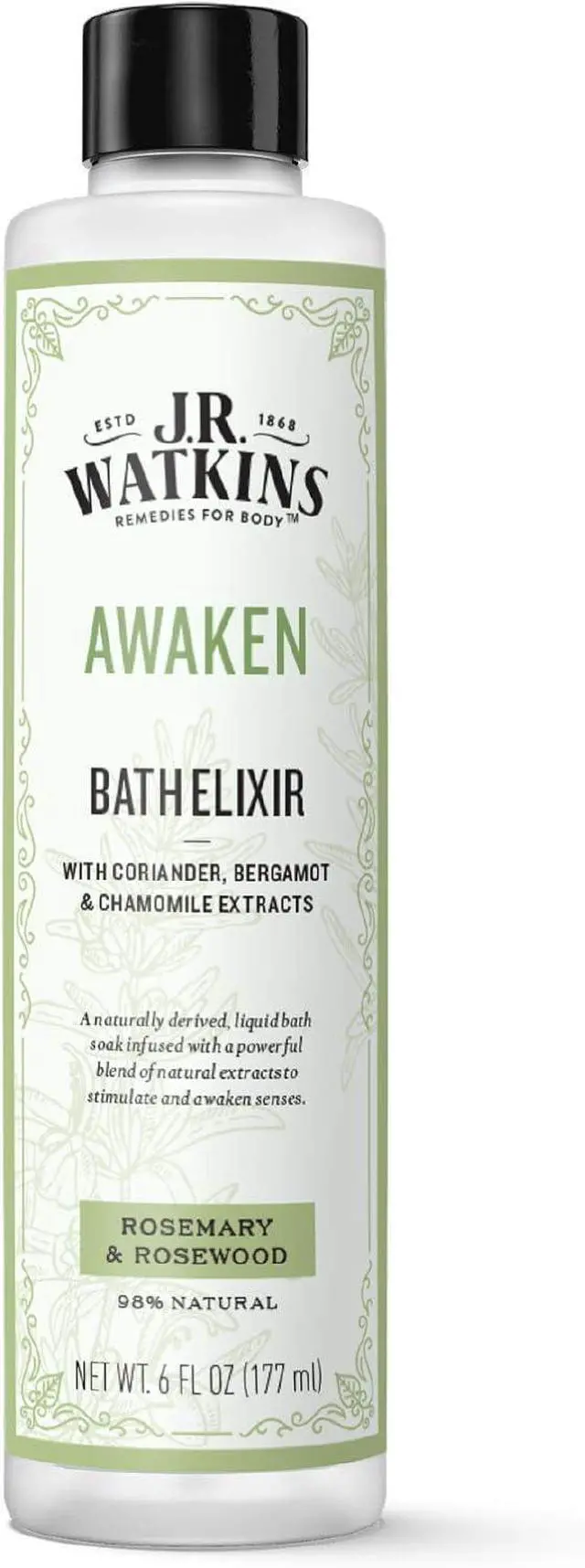 Main image of J.R. Watkins Awaken Bath Elixir, Liquid Bath Soak, Rosemary & Rosewood with Natural Extracts, No Salt, No Residue, 6 oz