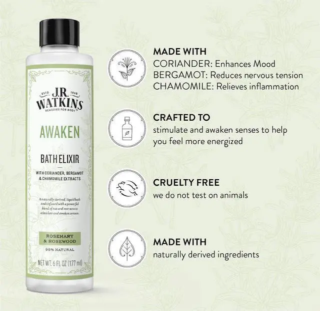Alt view image 2 of 5 - J.R. Watkins Awaken Bath Elixir, Liquid Bath Soak, Rosemary & Rosewood with Natural Extracts, No Salt, No Residue, 6 oz