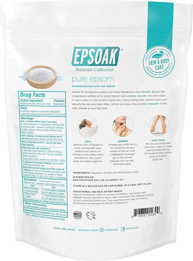 Alt view image 6 of 7 - Epsoak Epsom Salt 2 lb. Magnesium Sulfate USP. Resealable Epsom Salt Bag Unscented, Made in The USA, Cruelty-Free Certified