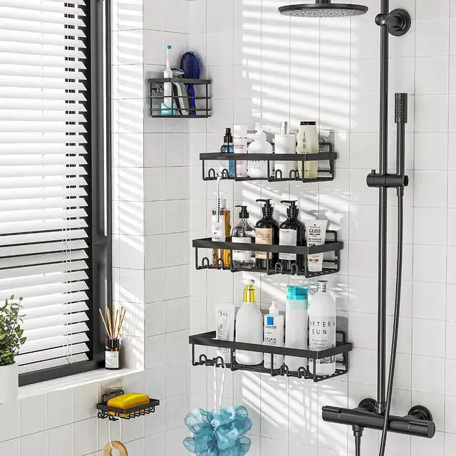 Alt view image 4 of 4 - Moforoco 2Pack Flat Hook Shower Caddy, No Drilling Adhesive Shower Hooks