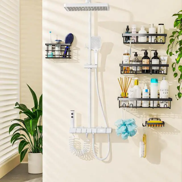 Alt view image 3 of 4 - Moforoco 2Pack Flat Hook Shower Caddy, No Drilling Adhesive Shower Hooks