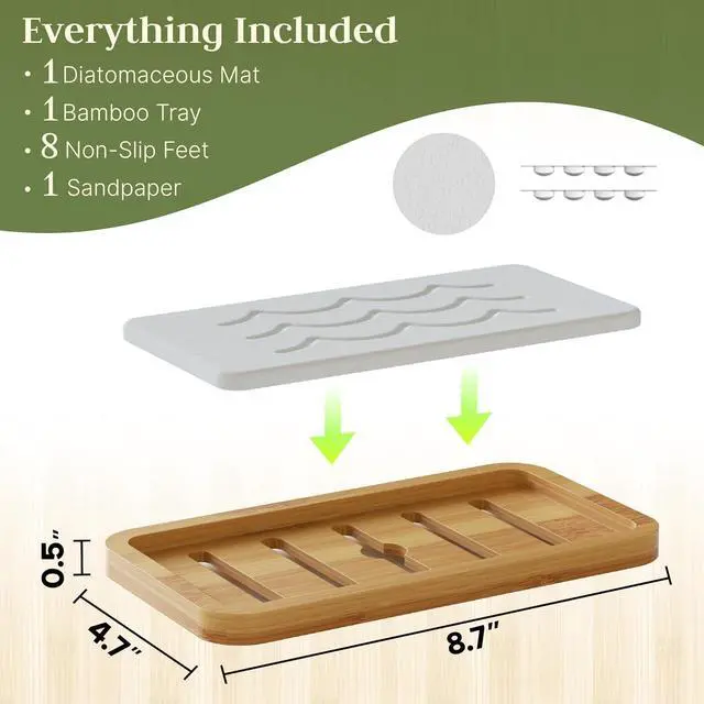 Alt view image 2 of 7 - Water Absorbing Stone Tray for Sink, Kitchen Sink Caddy Organizer, Diatomite Bathroom Vanity Counter Tray, Soap Dispenser Sponge Holder, Fast Drying Stone Faucet Mat with Bamboo Tray