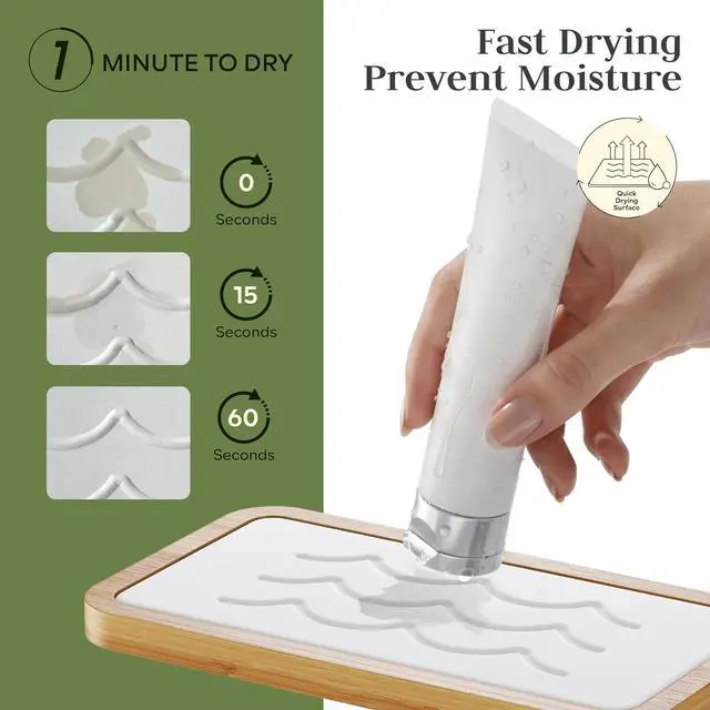 Alt view image 3 of 7 - Water Absorbing Stone Tray for Sink, Kitchen Sink Caddy Organizer, Diatomite Bathroom Vanity Counter Tray, Soap Dispenser Sponge Holder, Fast Drying Stone Faucet Mat with Bamboo Tray