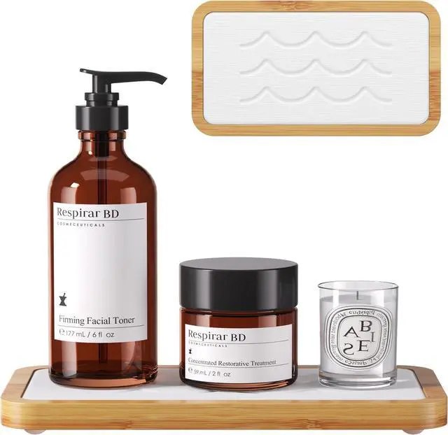 Main image of Water Absorbing Stone Tray for Sink, Kitchen Sink Caddy Organizer, Diatomite Bathroom Vanity Counter Tray, Soap Dispenser Sponge Holder, Fast Drying Stone Faucet Mat with Bamboo Tray