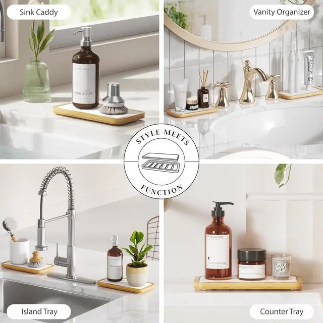Alt view image 6 of 7 - Water Absorbing Stone Tray for Sink, Kitchen Sink Caddy Organizer, Diatomite Bathroom Vanity Counter Tray, Soap Dispenser Sponge Holder, Fast Drying Stone Faucet Mat with Bamboo Tray